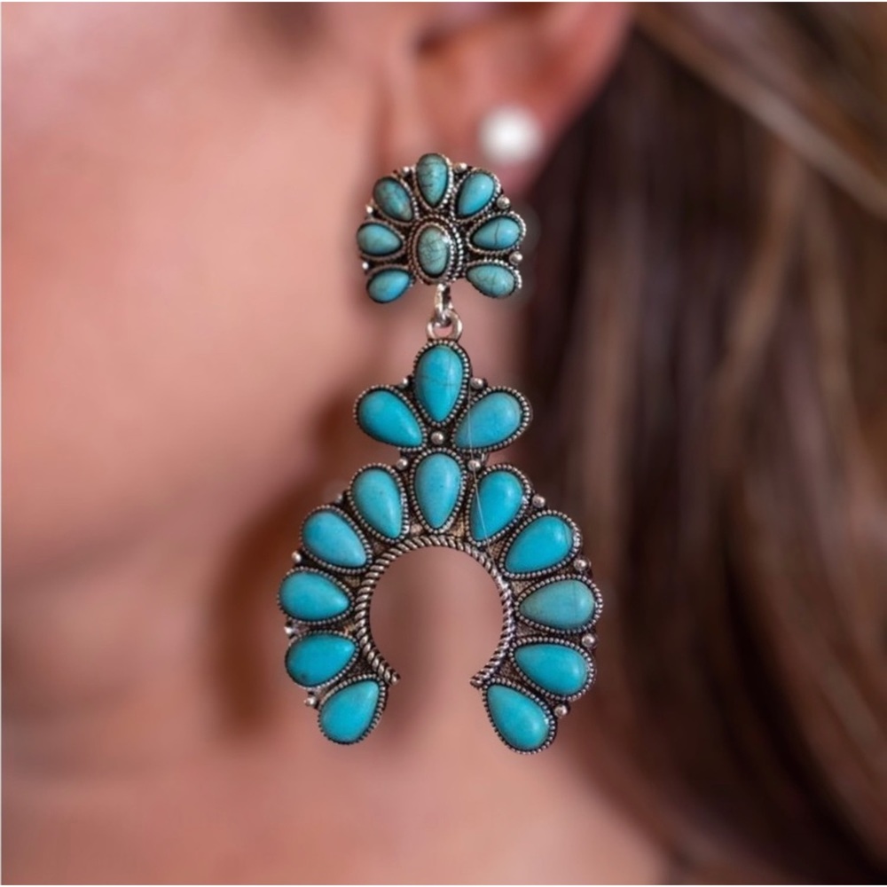 1 LEFT! Multi Turquoise Stone Horseshoe Western Stunning Drop Earrings - Picture 3 of 3